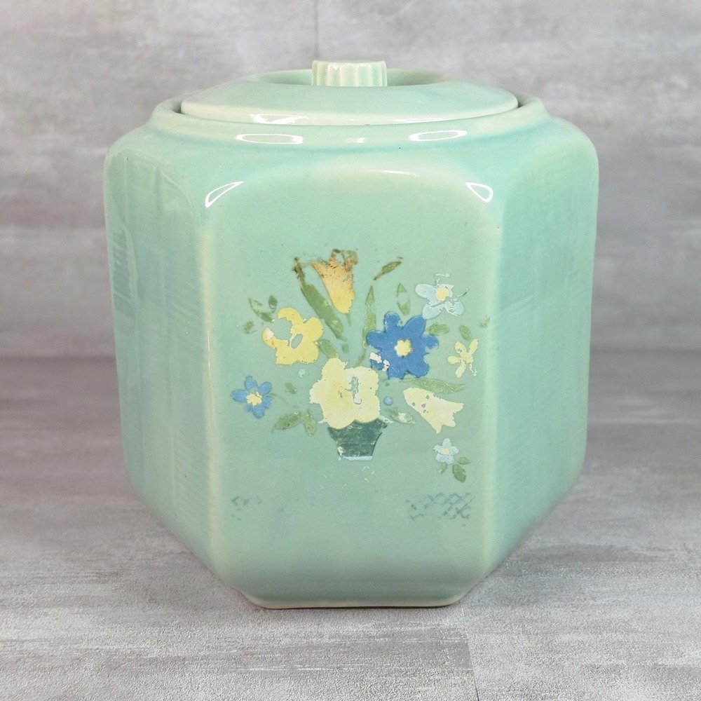 Vintage Shawnee USA Kitchen Canister Cookie Jar Light Blue Hexagon Floral Design